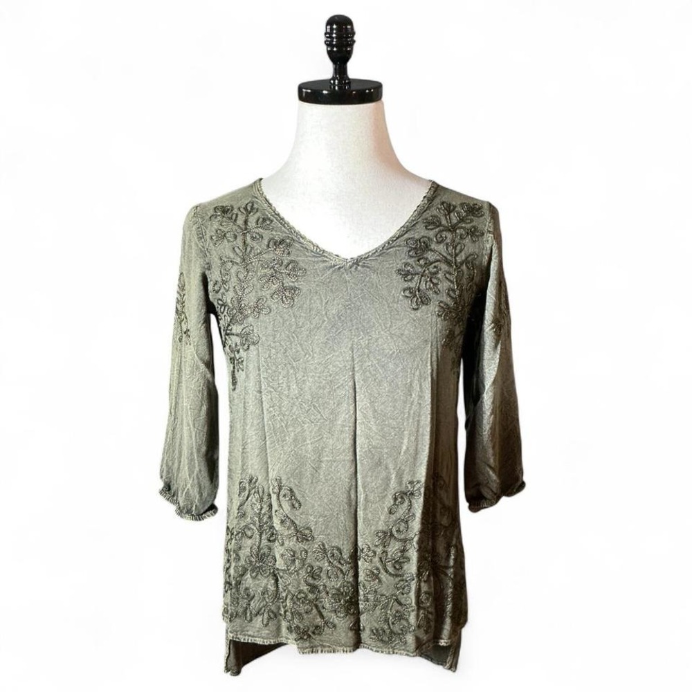 Nostalgia Green Mineral Wash Embroidered V-Neck Lagenlook Top Womens M Boho